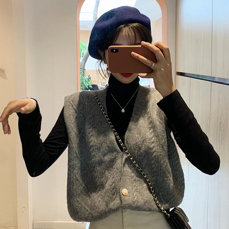 スタイルグレーVネックニットスプリングオータムノースリーブ 春物 秋物 試着室70036058224