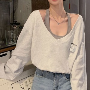 レイヤード風 スウェット トップス レディース 春秋 韓国 大人 カジュアル ストリート 原宿系 フェイクレイヤード 重ね着 おしゃれ 薄手 長袖 大人可愛い 大人女子 【送料無料】