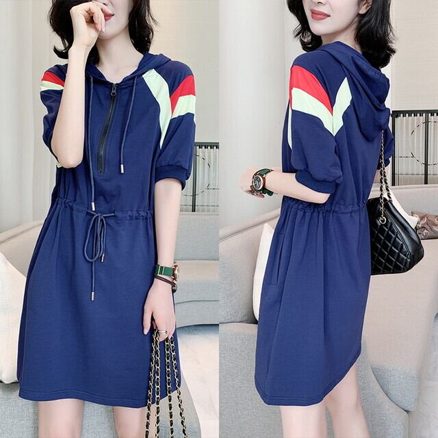 夏新作 ワンピース 2色 バイカラーワンピ バイカラー ワンピース ウエストマーク ワンピ 膝上ワンピース パーカー ワンピース 半袖 ハーフジップ半袖 ゆったりワンピース 体型カバー 大人カジュアル スポーティー ワンピース スポーティーファッション グレー ネイビー