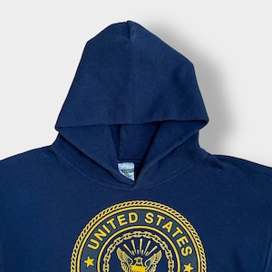 【SOFFE】90s USA製 リフレクター付き ロゴ プリント US NAVY バックプリント パーカー プルオーバー スウェット フーディー hoodie S ネイビー ソフィー 米軍 アメリカ軍 ミリタリー us古着