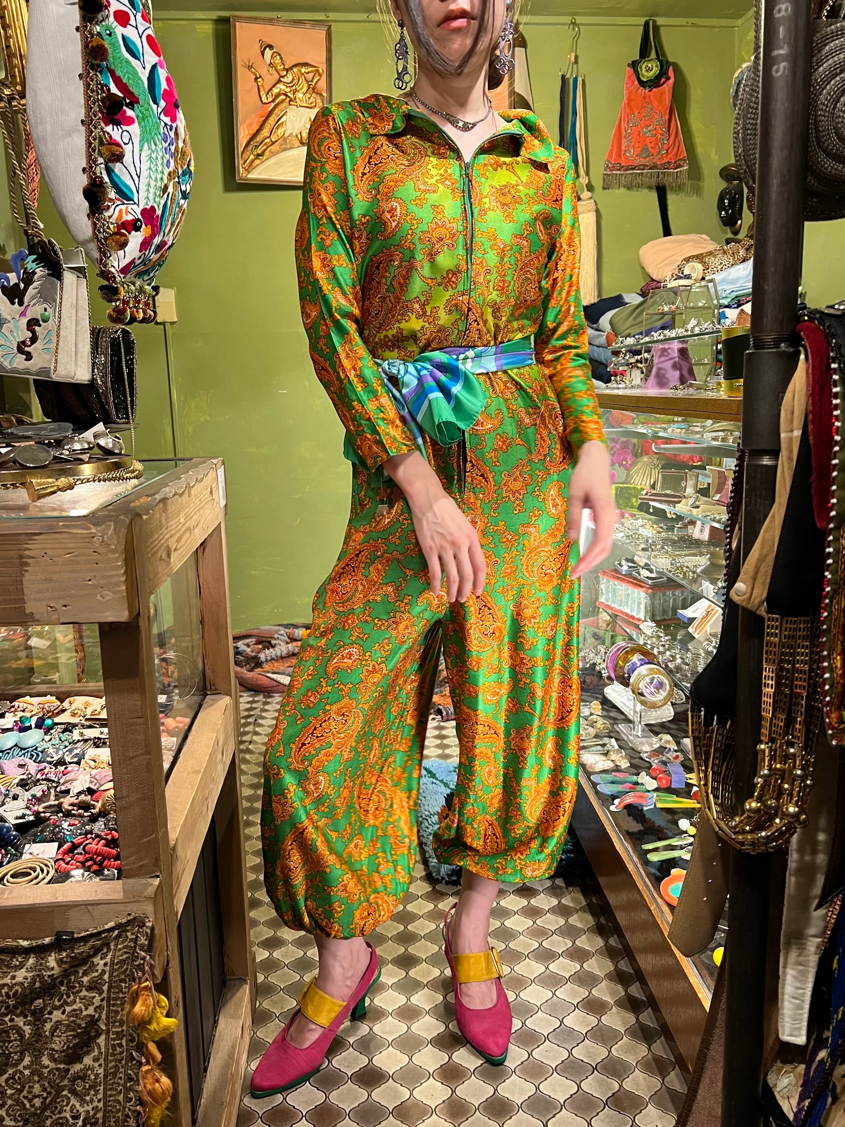 60s-70s green × orange paisley jumpsuits( ヴィンテージ グリーン