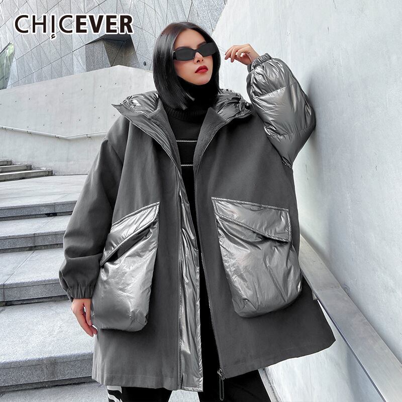 CHICEVERパッチワークパーカー女性フード付き襟長袖ポケットヒットカラー特大厚手のコットンコート2020 ロング 6base592182381755