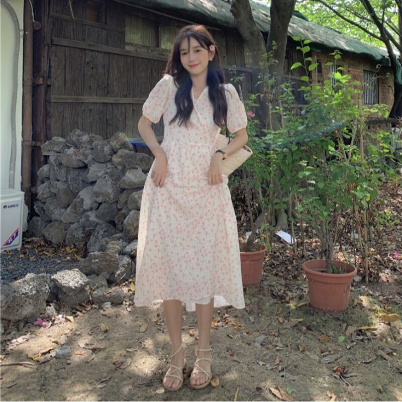 ドレス サマースタンダードウェストVネックフローラルスカート レトロ 夏物 花柄 1号婦人67462857017