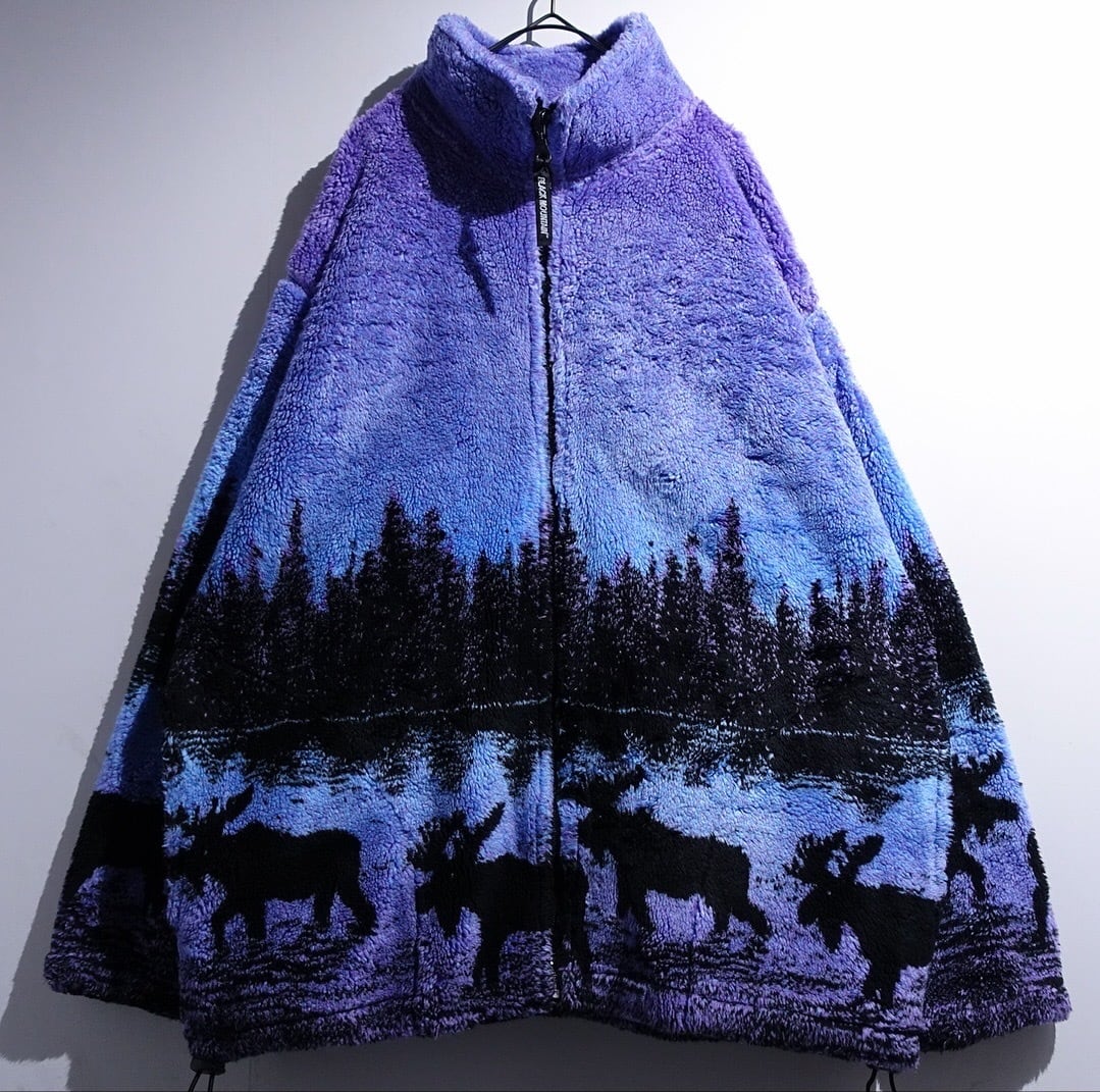 90s "BLACK MOUNTAIN" Gradient Moose Silhouette Artistic Design Fleece Jacket
