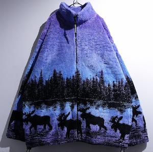 90s "BLACK MOUNTAIN" Gradient Moose Silhouette Artistic Design Fleece Jacket