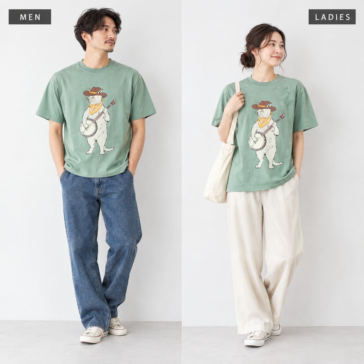 go slow caravan ゴースローキャラバン|綿100%バンジョー猫プリント半袖Tシャツ|USA/C バンジョー猫TEE ユニセックス 361910 グリーン