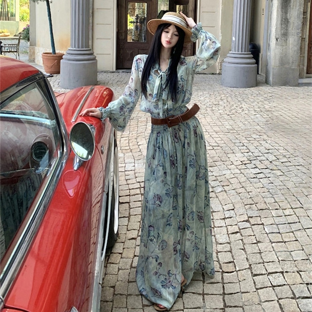 ロングワンピース 花柄 ベルト付き ランタンスリーブ 気質溢れる S M L