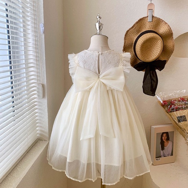 ,キッズ女の子チュールワンピースバックリボン　フォーマルドレス　発表会結婚式　かわいい夏服　lwk0045