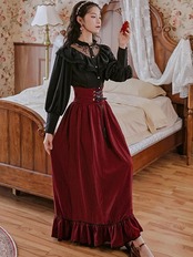 【0208】Elegant Black Red Long Sleeve 2 Piece Set