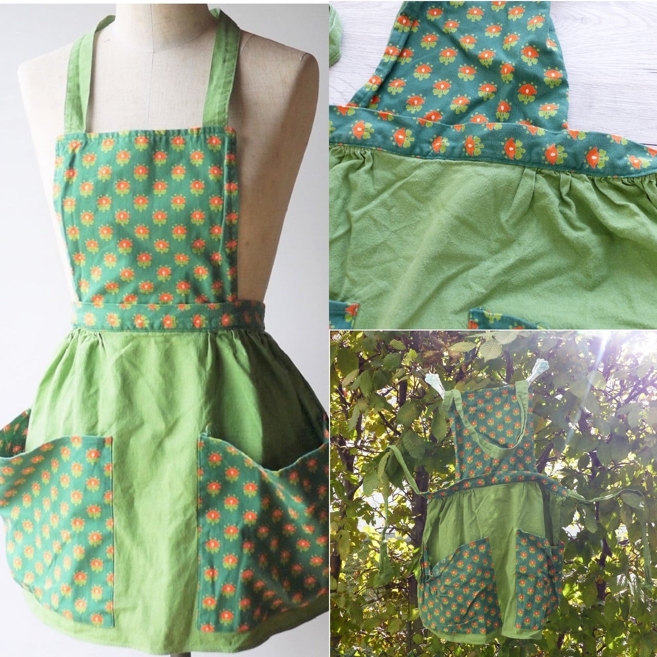 エプロン 緑の花柄 ドイツヴィンテージ