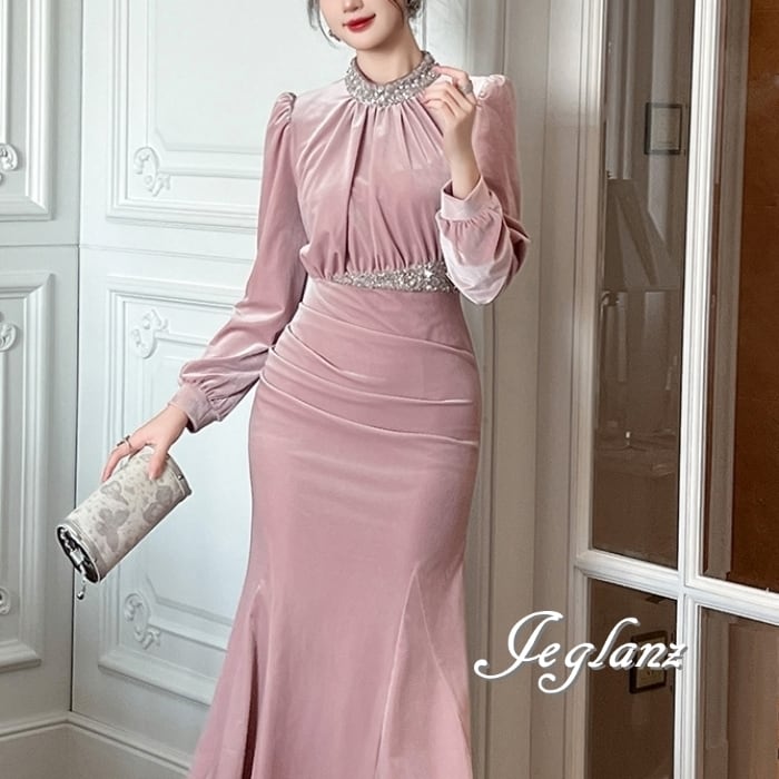 ベルベット調 パーティ ワンピース ドレス ビジュー 高見え(MB434)ζ☆