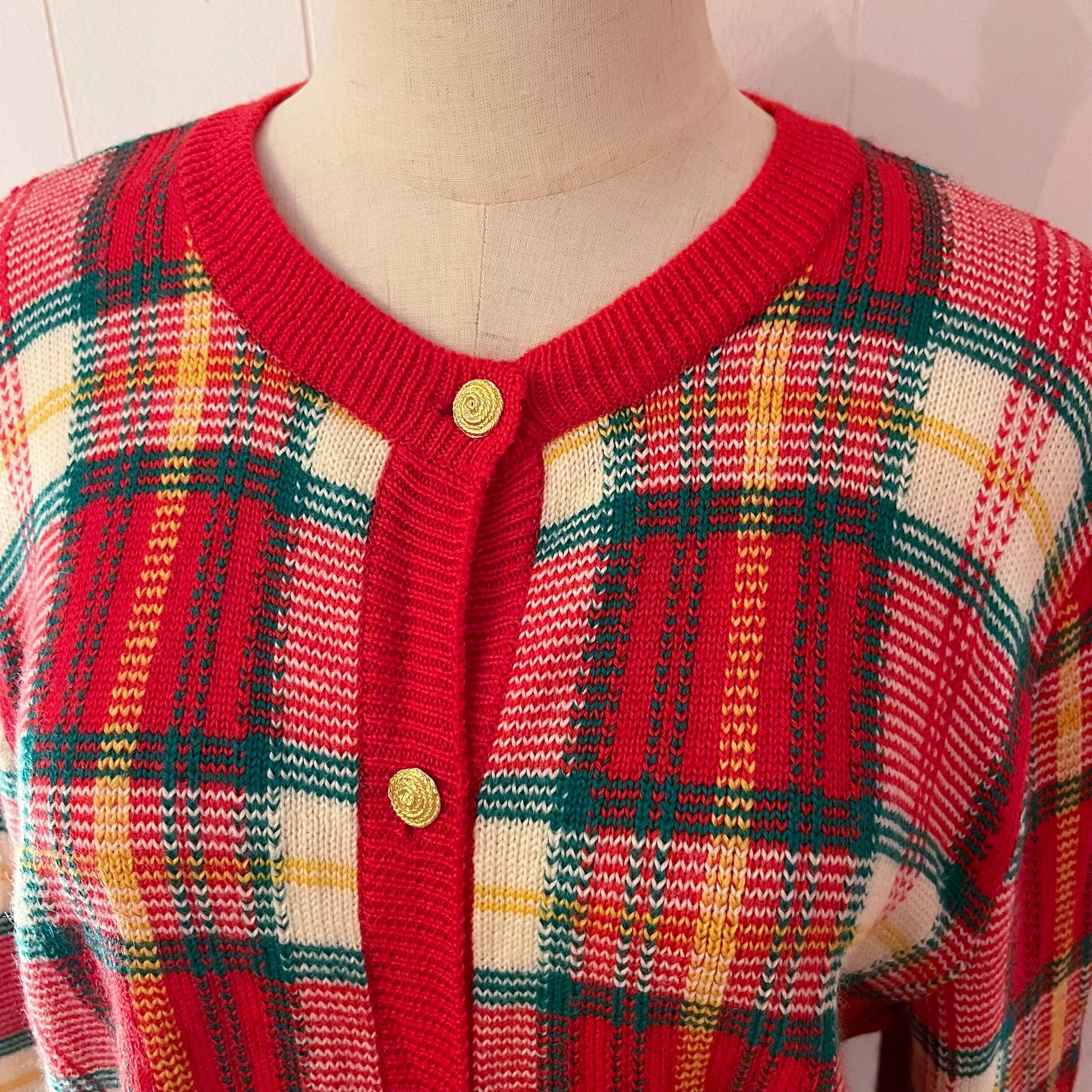 red green check knit cardigan