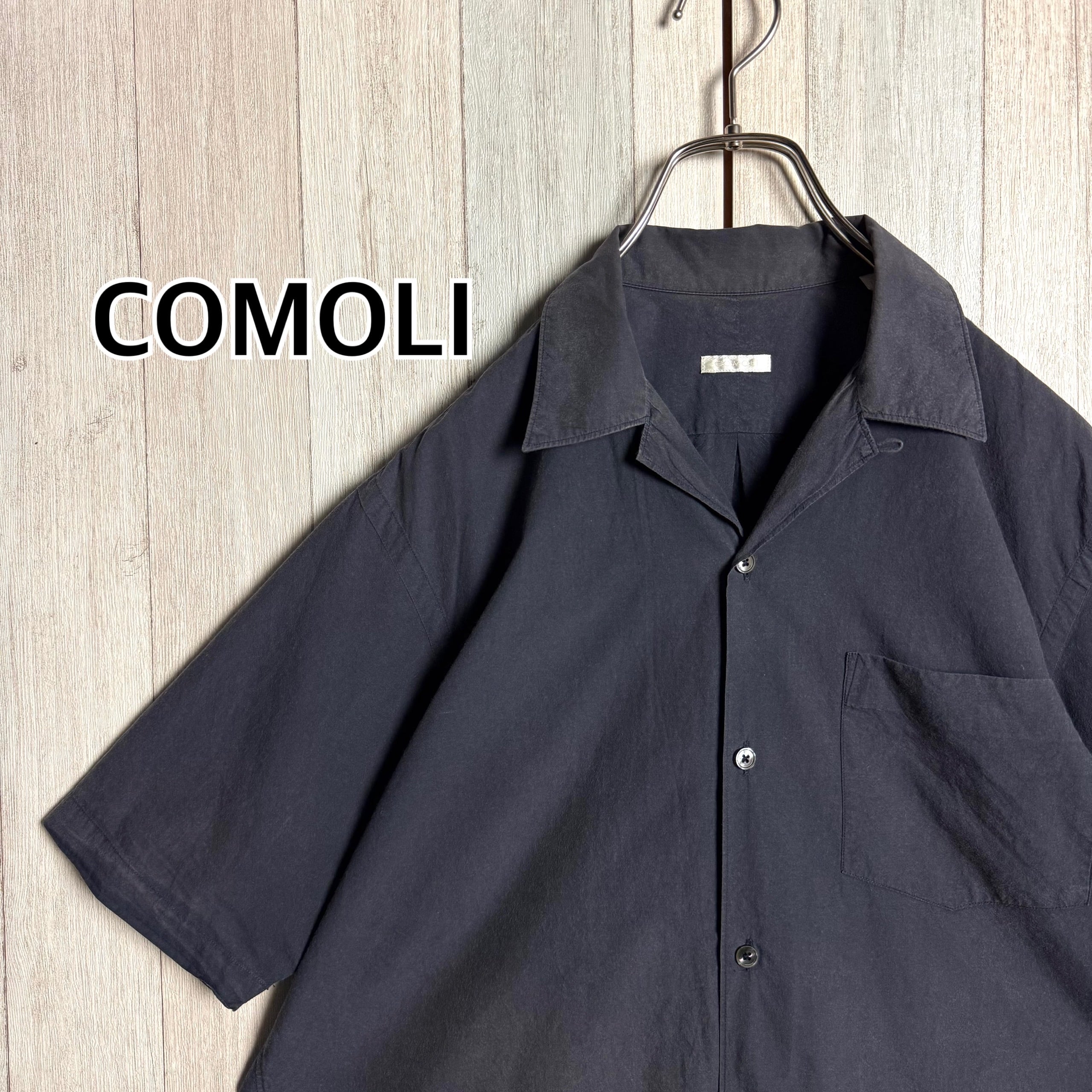 日本製 COMOLI コモリ 半袖 オープンカラー シャツ コットン ネイビー