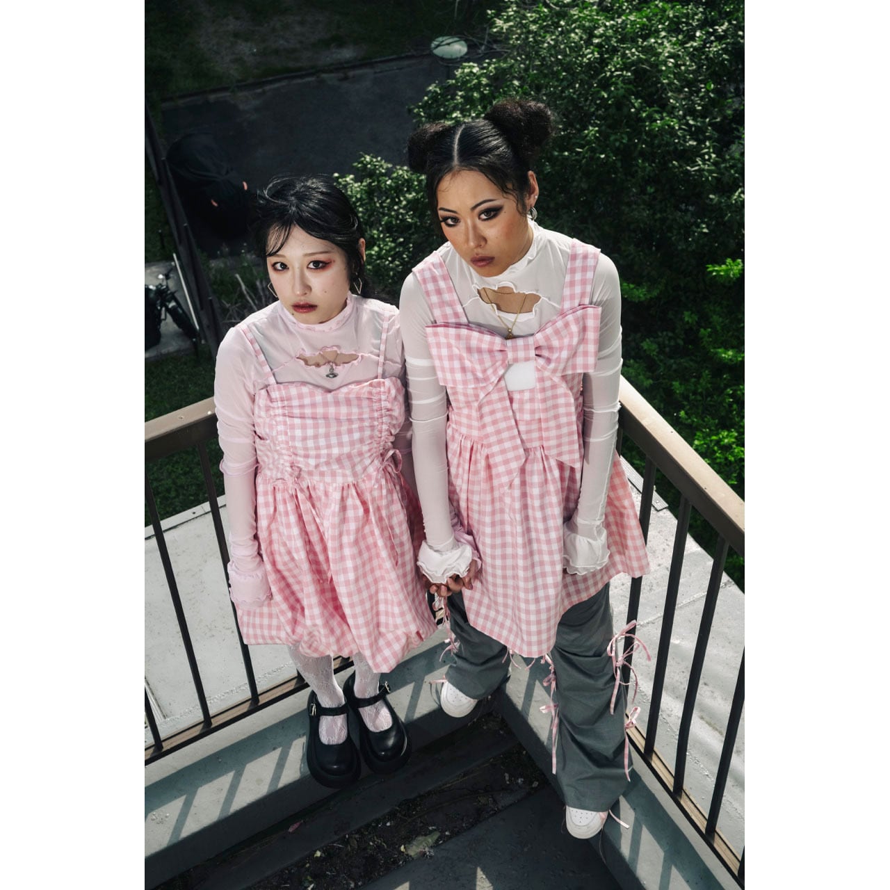 Front ribbon sleeveless onepiece (Gingham / Short丈