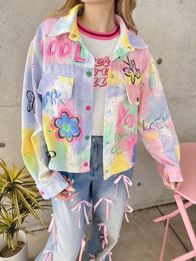 カラフルペイントデニムジャケット/韓国/レディースファッション/可愛い/おしゃれ/ラフ/カジュアル/派手/個性/春/秋/冬（1-176）