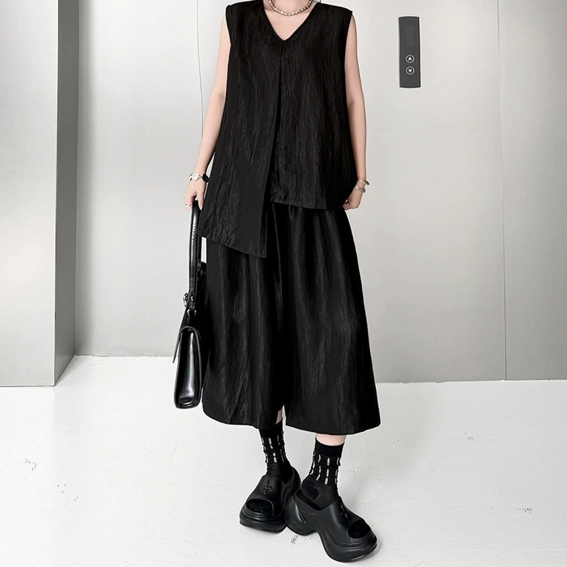 Vネック ノースリーブトップス ルーズフィット ワイドパンツ(上下個別) 2color ST0231