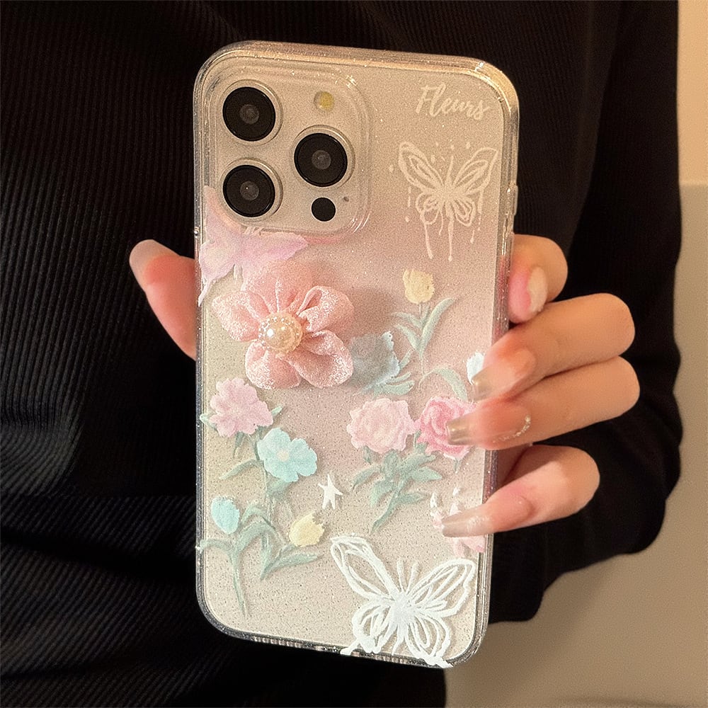バタフライ♡キラキラ✨レインボー 花 フラワー 惑星 フチ iPhoneケース バタフライ♡キラキラ✨レインボー 花 フラワー 惑星 フチ 粘