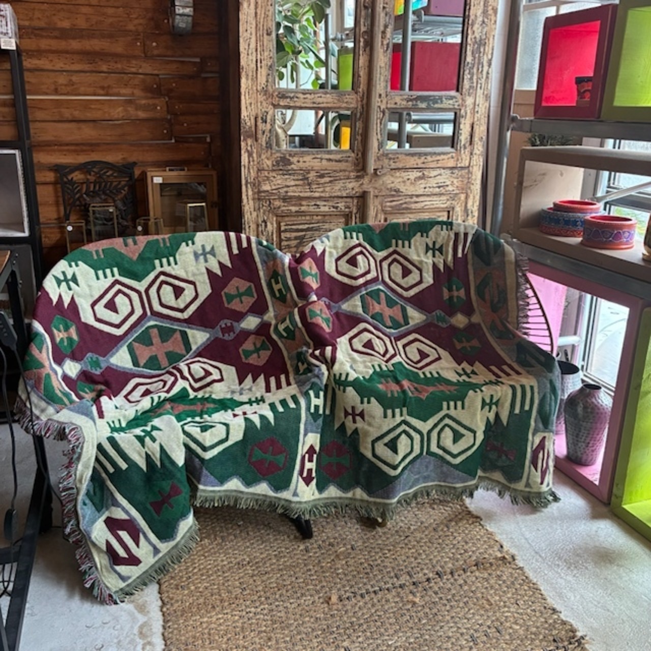 TOPANGA Homefurnishing Tribal throwket 　トライバルスローケット　130×180cm　K　グリーン　レッド　ソファカバー　ベッドカバー　ブランケット　カーテン