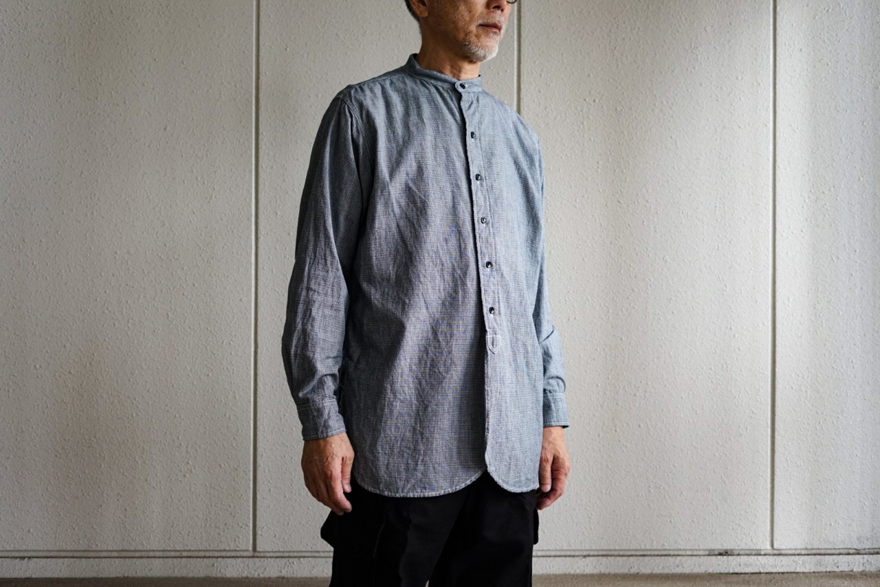 BONCOURA Band Collar Shirt Hound Tooth indigo | STRAYSHEEP ONLINE