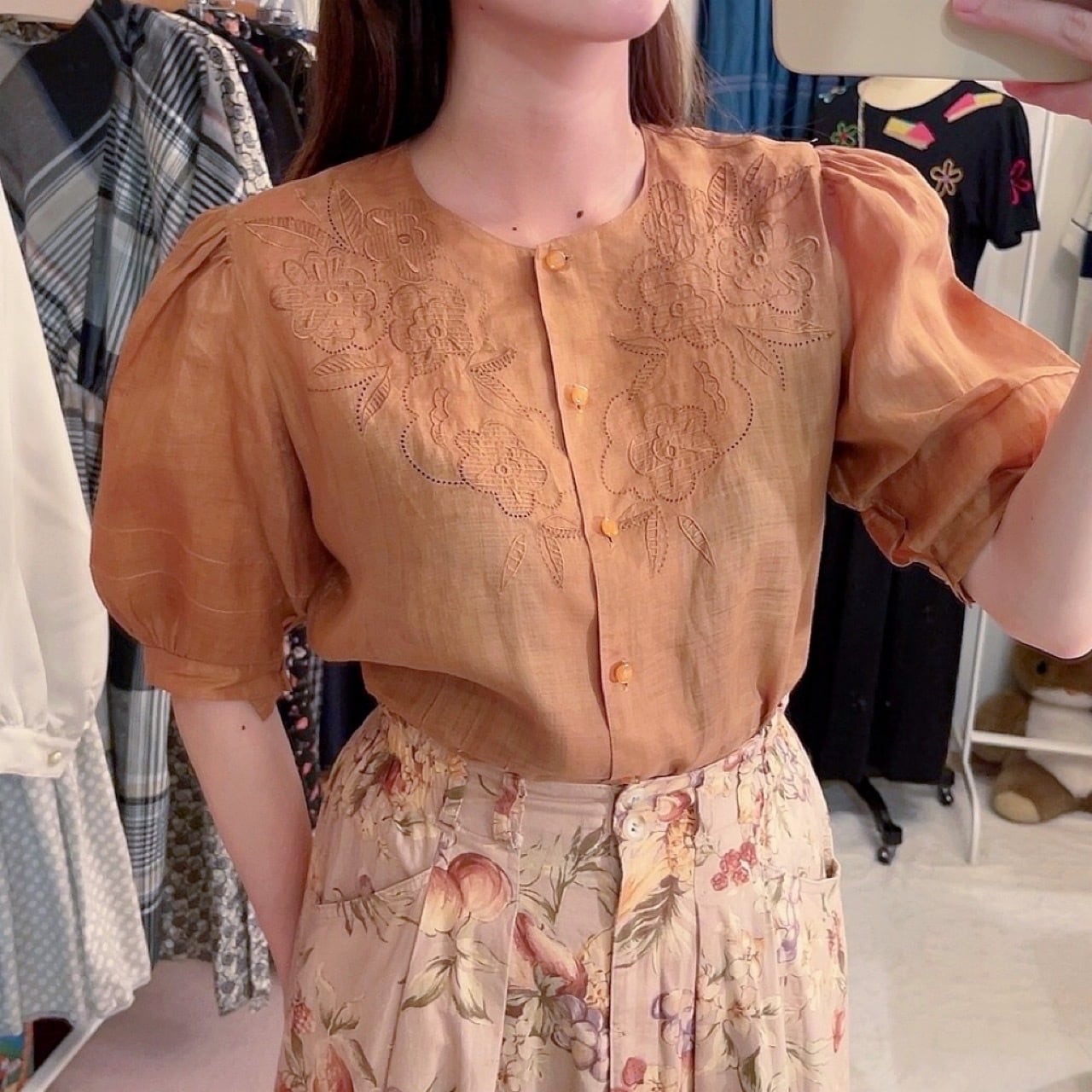brown flower linen blouse
