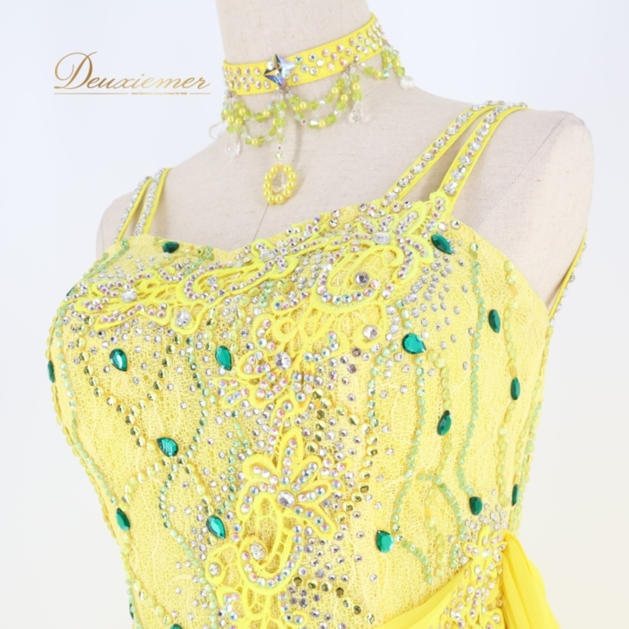 社交ダンス 衣装 スタンダード ドレス ワンピース スタンダードドレス フロート レース 黄色 デモ 競技 ダンス パーティ 発表会 つきおか 落ち感 スカート ふんわり ゆったり クラシック 上品 ダンスウェア 舞台衣装 ビジュー オシャレ かわいい