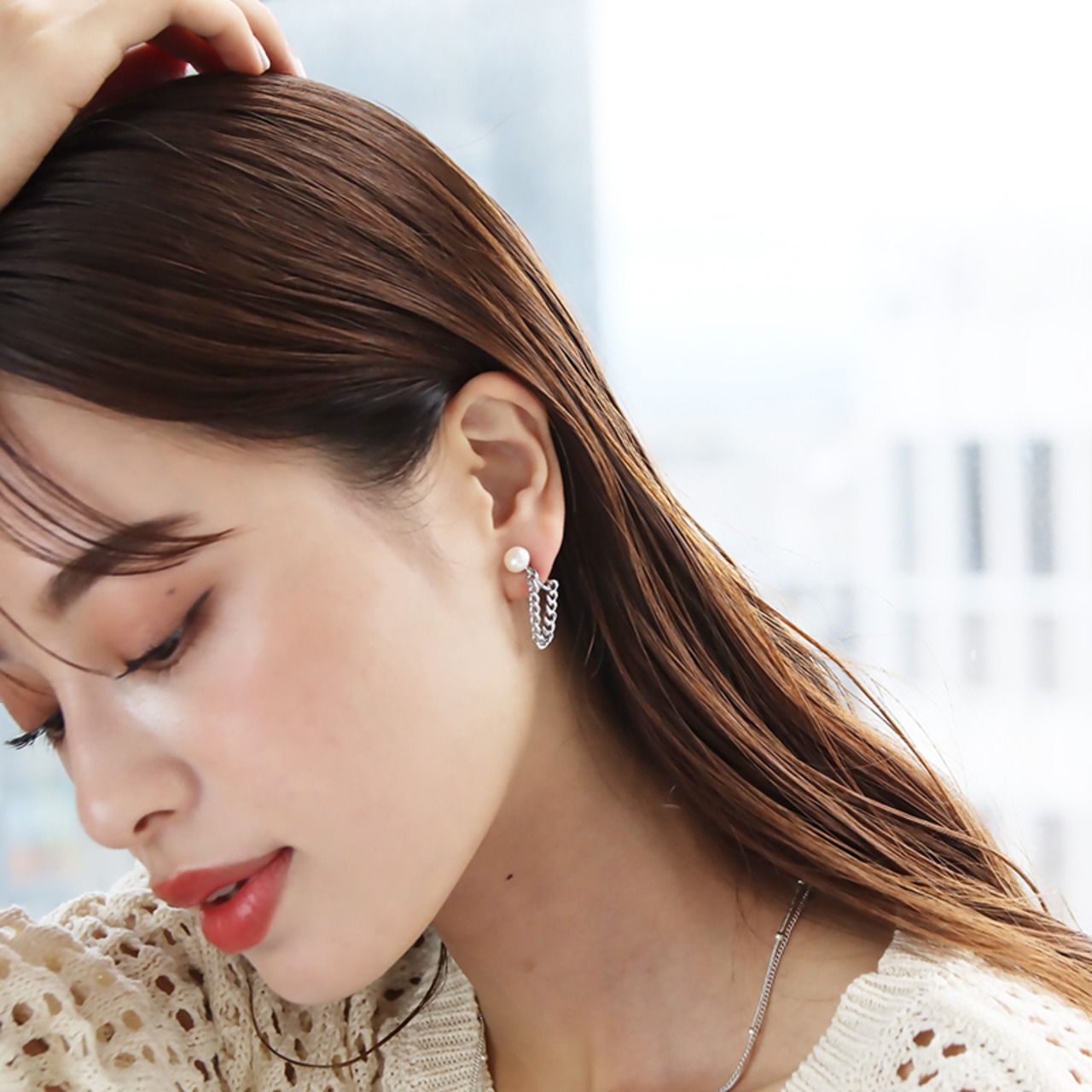 【ネコポス便】イヤリング レディース 淡水パールチェーンクリップイヤリング 合金 女性 大人 アクセ アクセサリー　1846