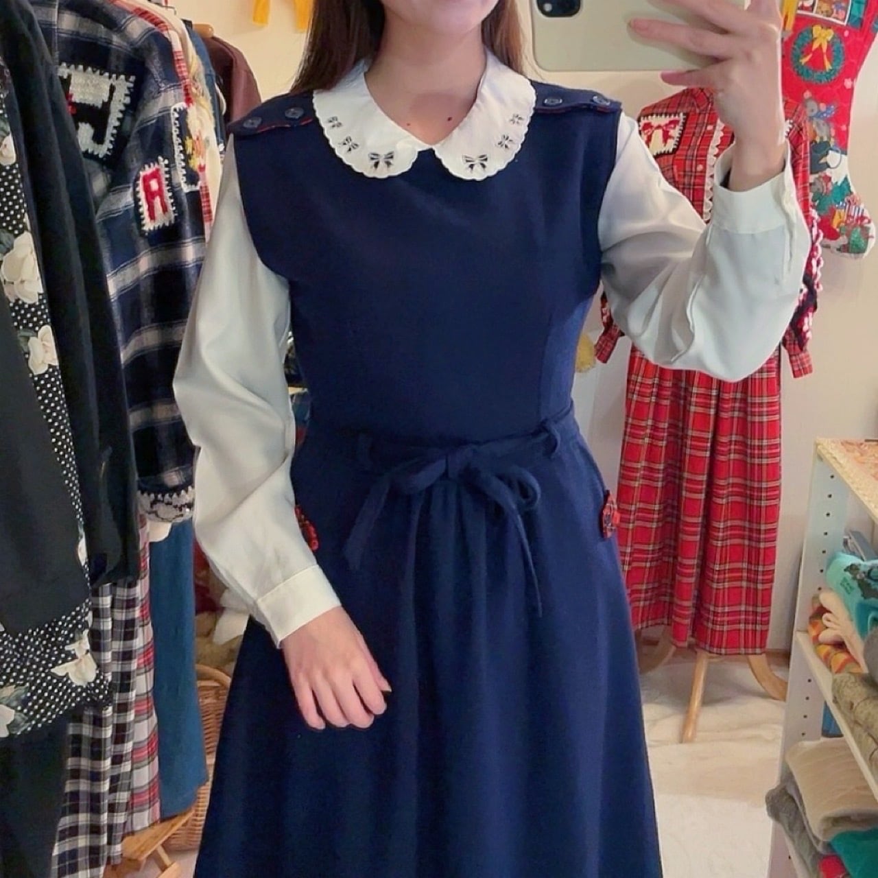 red check liner navy jumper skirt