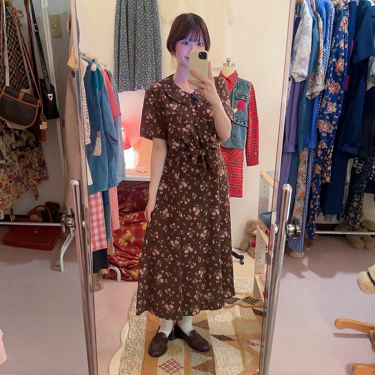 brown flower waist ribbon one-piece