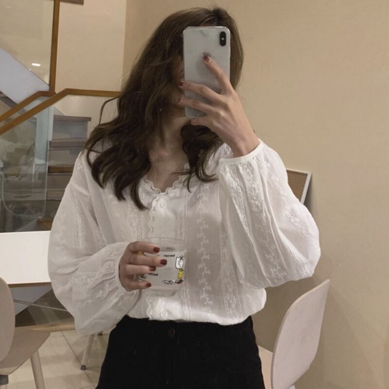 ルーズVネックレースチェーン シャツ レディース 大人ガーリー スウィート キュート カジュアル 1号婦人65401480562