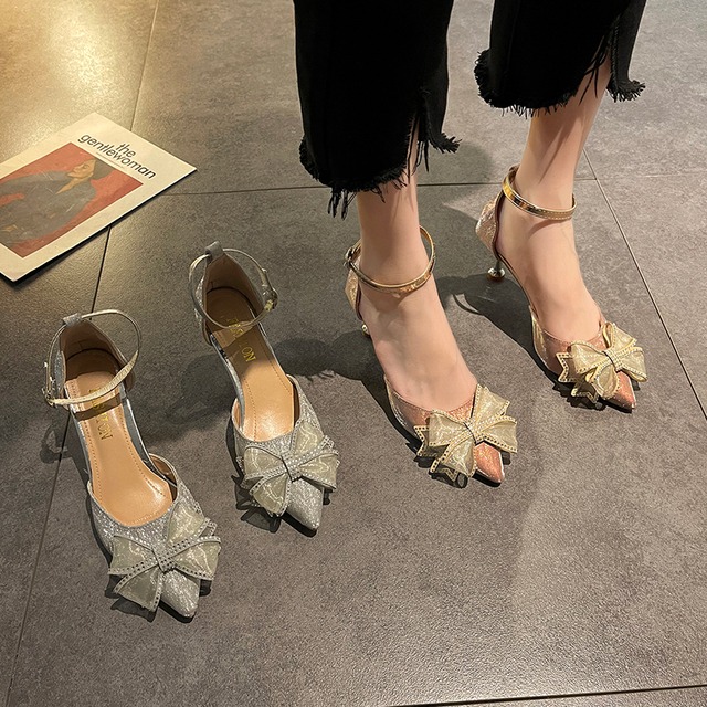 サンダルサマーレッドラインストーンリボンヒール ハイヒール 靴 シューズ 夏物 部族の婦人靴24860227024