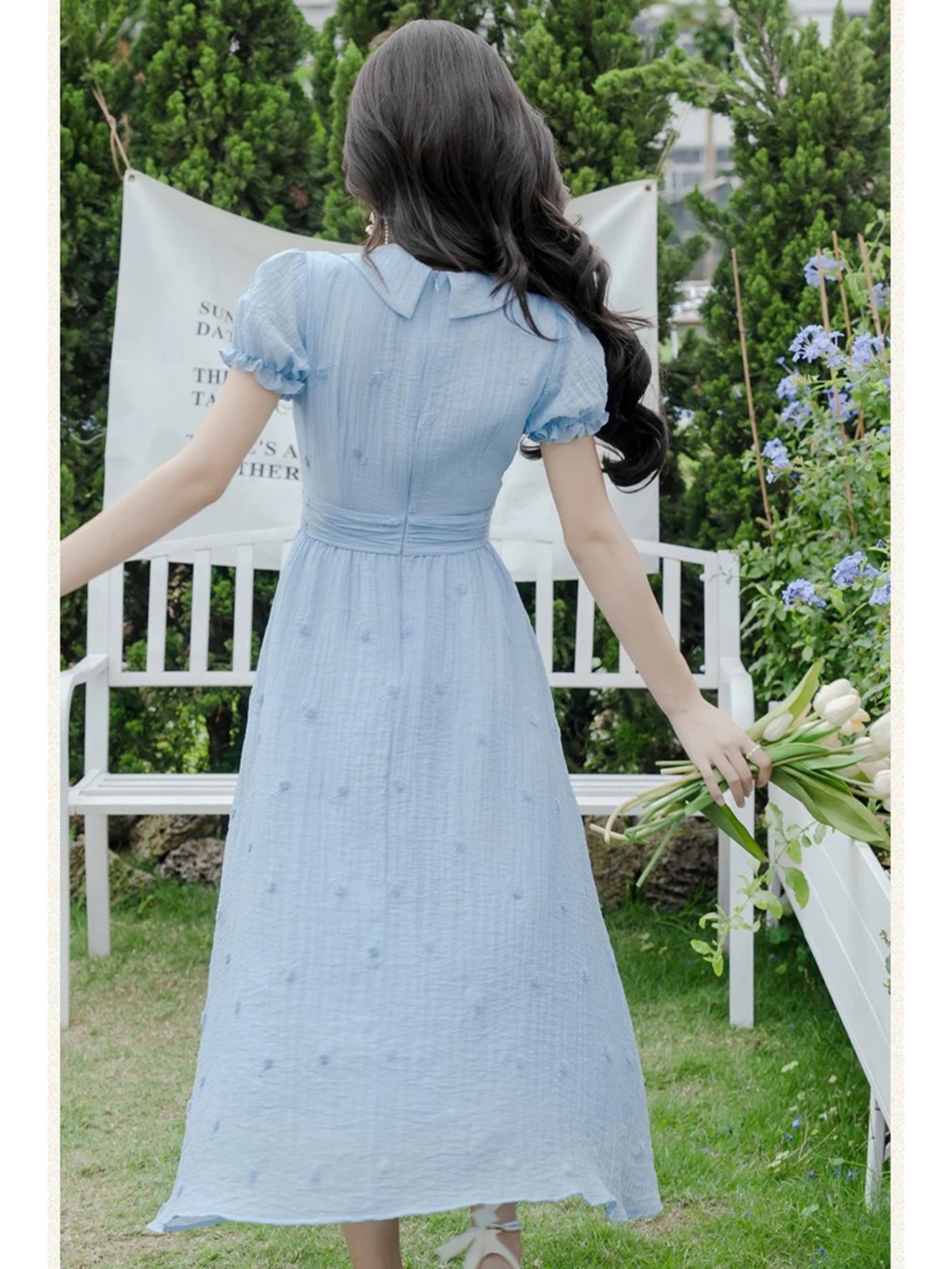 【0240】Flower Embroidery Puff Short Sleeve Dress