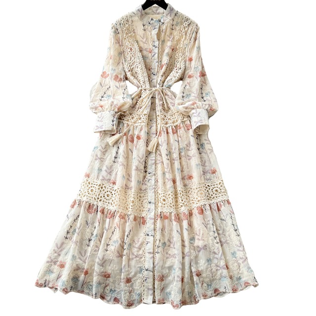 フラワーレースフロントリボンワンピース L1764