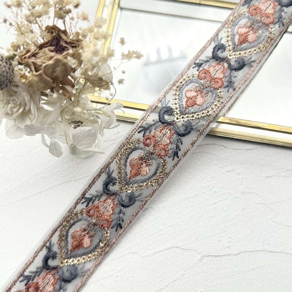 1ロール プレシャスハート [ブルー]インド刺繍リボン 3025-1R | インド