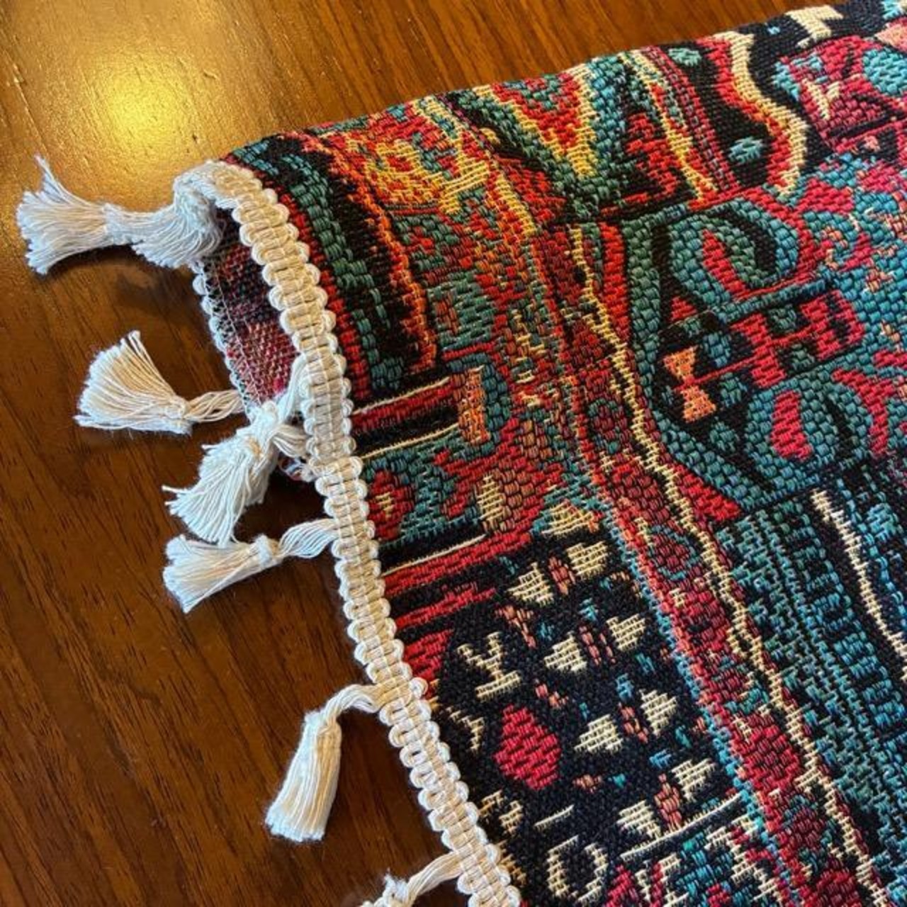 TOPANGA Fabric　ジャガードキリムフリンジカーテン　150×160cm　エスニック　トライバル　遮光　厚手　レッド　ゴブラン織　カーテンポール　ボヘミアン
