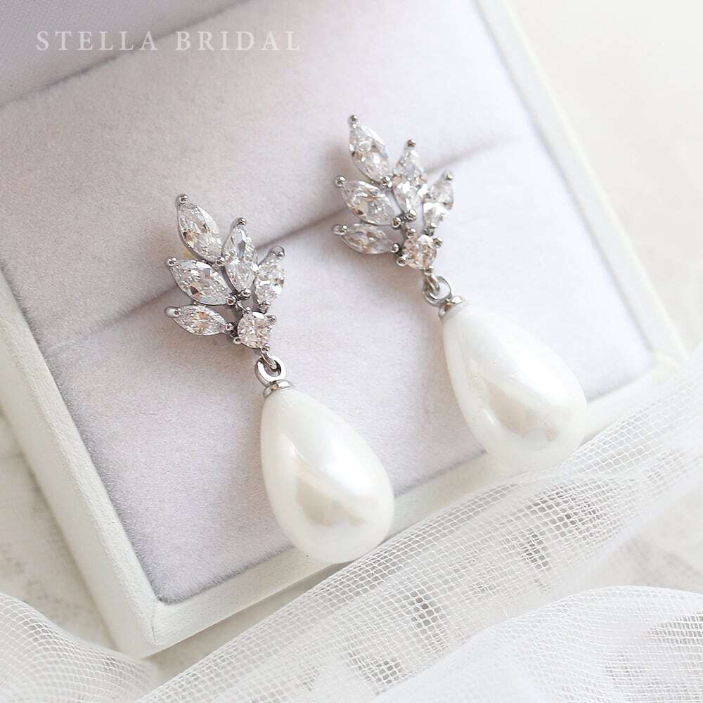 【OUTLET】キュービックジルコニア ブライダルイヤリングorピアス Ella - エラ ドロップパール|ブライダルアクセサリー