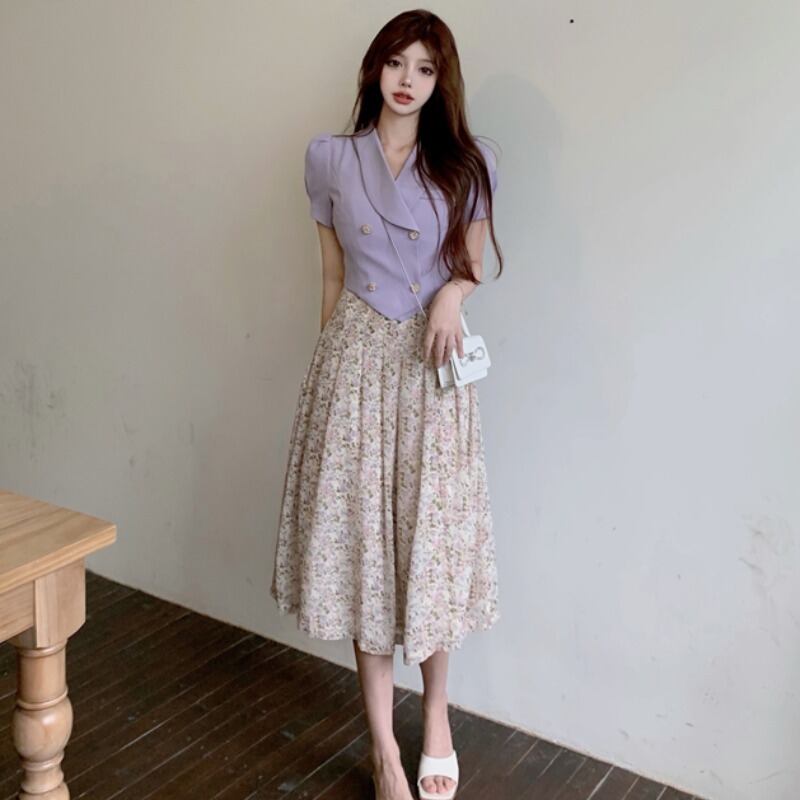 スタイルジャケット フローラルハイウェストウェストプリーツスカート 花柄 ハンチェンe33548036748