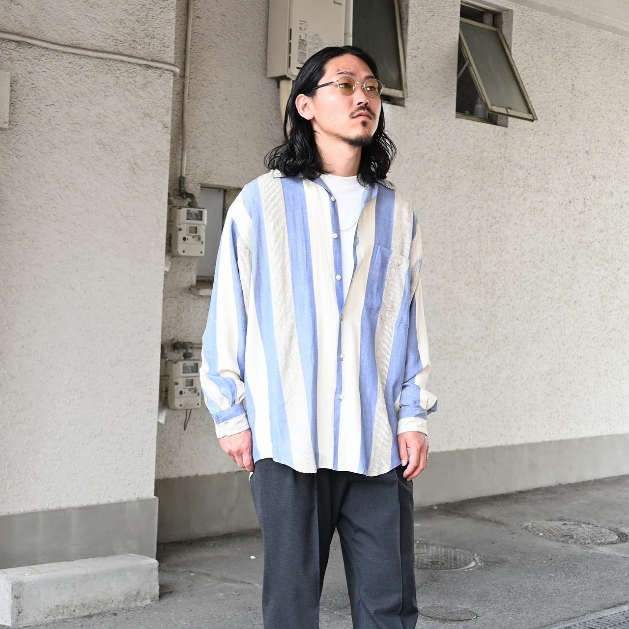 レザージャケット、グーチレーヨンストライプロングスリーブシャツデッドストック