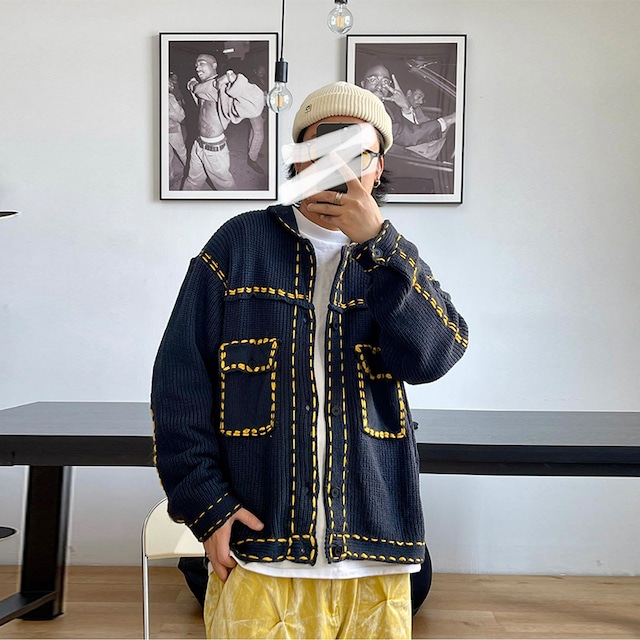 Medaigualステッチポケット付きニットカーディガン