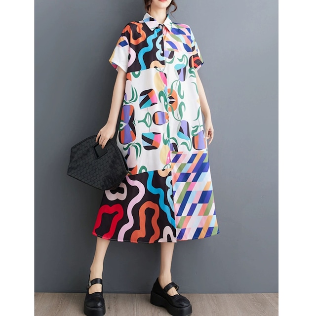 PRINT HALF SLEEVES A-LINE MIDI SHIRT DRESS 2colors M-9199