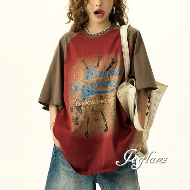2色 カラーブロック ウオッシュ ロゴ 半袖 Tシャツ ユニセックス（MC438）β