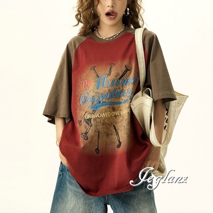 2色 カラーブロック ウオッシュ ロゴ 半袖 Tシャツ ユニセックス(MC438)ρ