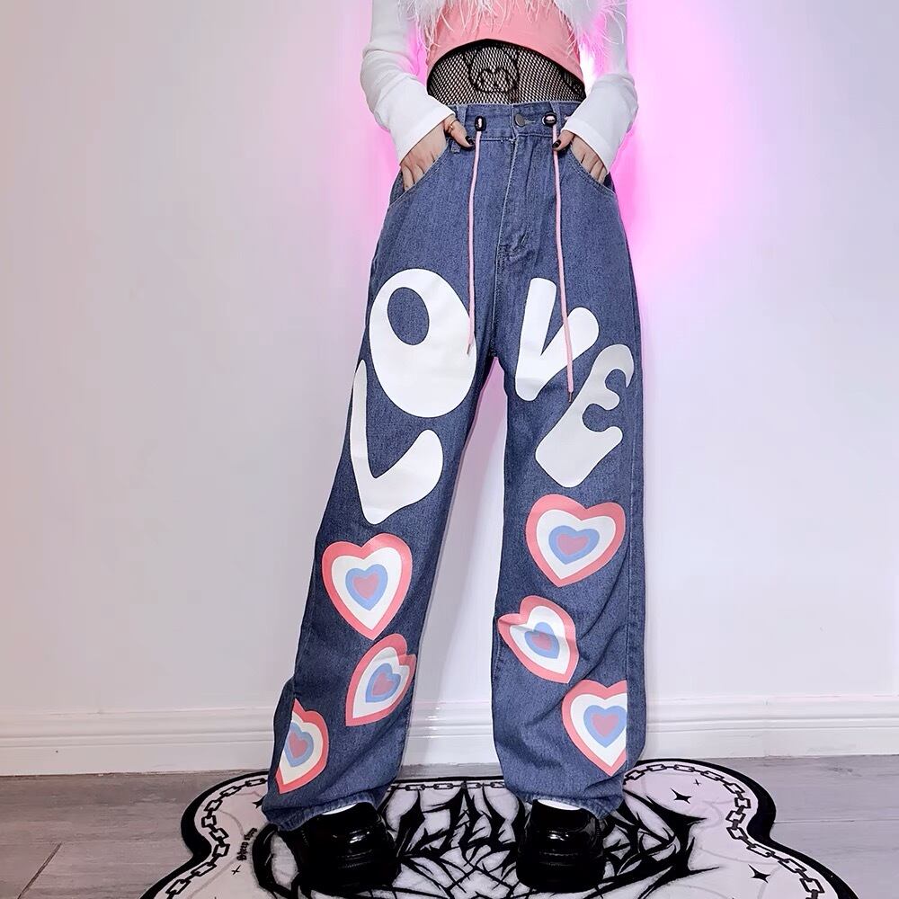 ハート ピンク LOVE 可愛い パンツ パンツ セクシー ダメージ デニム
