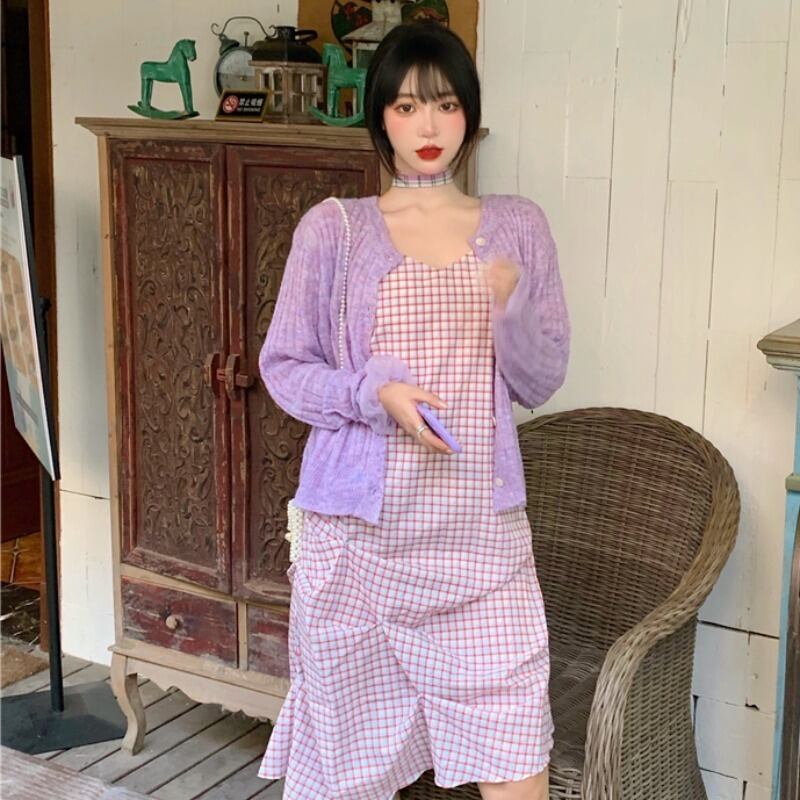 オータム薄手ニットカーディガントップス 格子柄ドレス 大人ガーリー スウィート キュート カジュアル 秋物 YY-ファッション67742244913