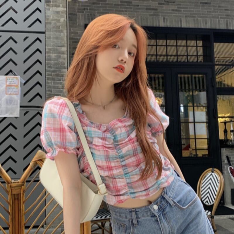 スプリングサマースタンダードスリーブショート格子柄シャツ 半袖レッドトップス レディース ピンク レトロ ハーフスリーブ 大人ガーリー スウィート キュート カジュアル 春物 夏物 YY-ファッション10459657357