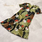 フラダンス 衣装 ワンピース ドレス ブラック系 ハイビスカス柄 ハワイアンプリント アロハ レッスン 練習 フリル かわいい 大人っぽい 上品 華やか おしゃれ かっこいい グリーン系 レッド系 ブラウン系 ホワイト系 イエロー系 黒 緑 赤 茶 白 黄 フラ ダンス 華やかさ フレア エレガント 南国風