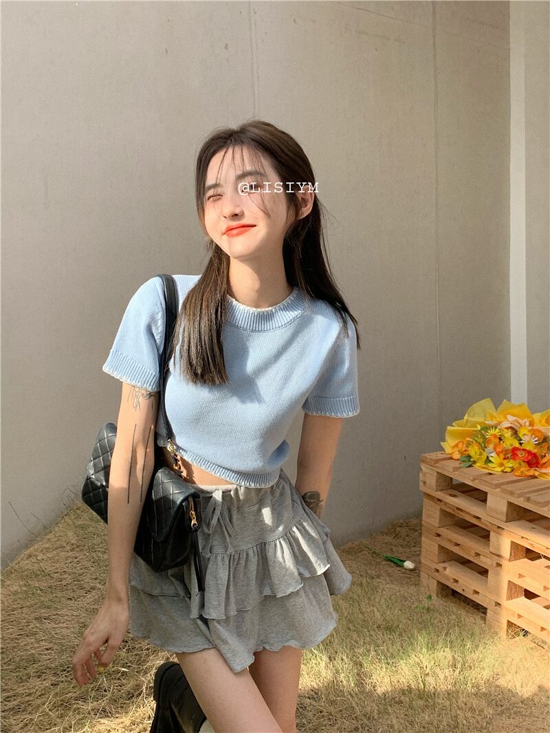 ブラックカラーニットトップス スカート 大人ガーリー スウィート キュート カジュアル ステッチ ブラックストロベリース25952084714