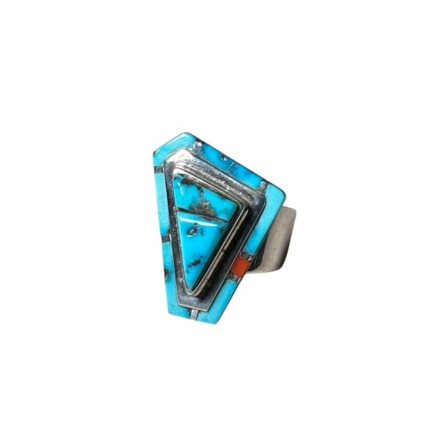 Navajo Larry Castillo silver turquoise & coral inlay ring