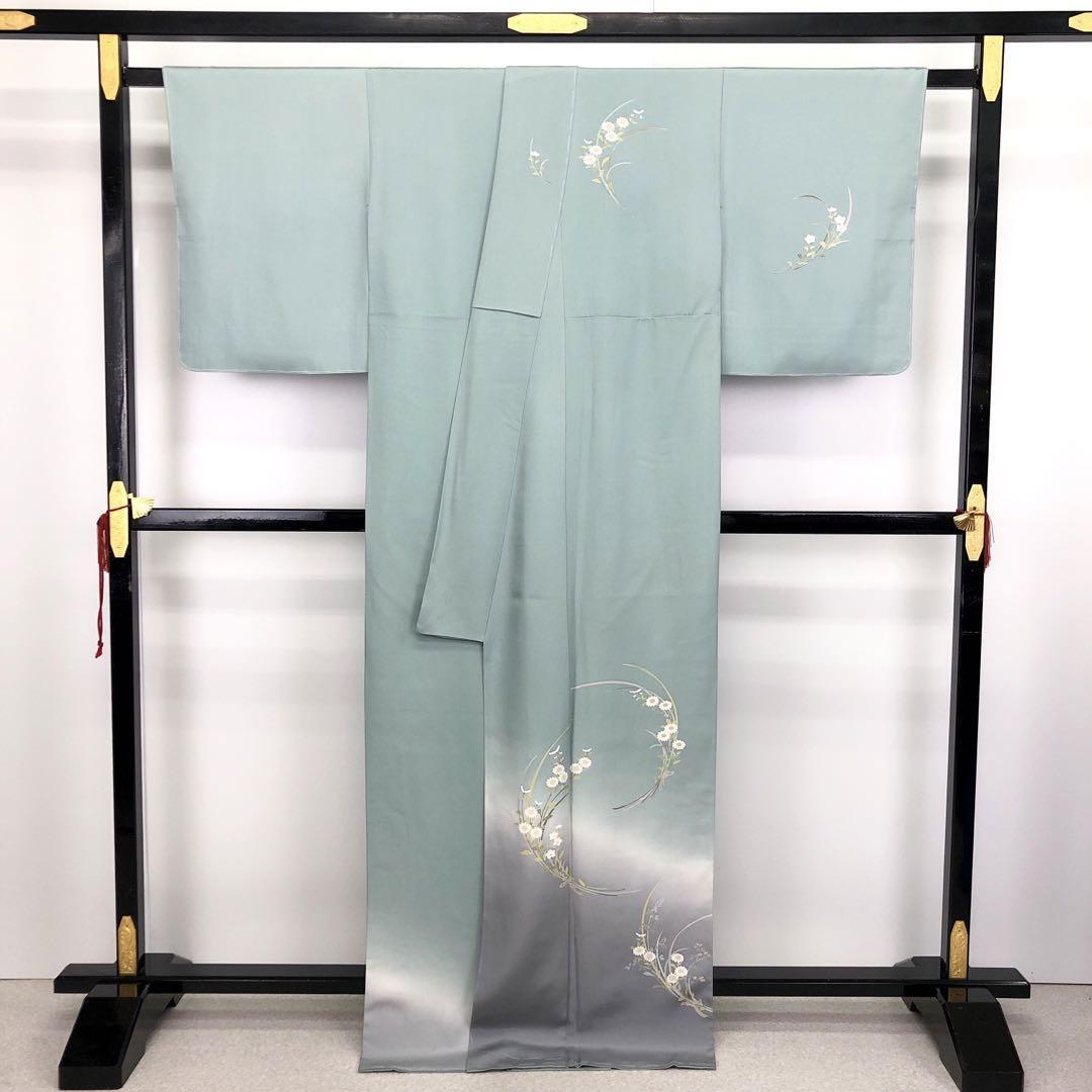 K-3093 付下げ 上品な花草模様 暈し 淡青緑色 しつけ糸 | リユース着物専門店 わびさび