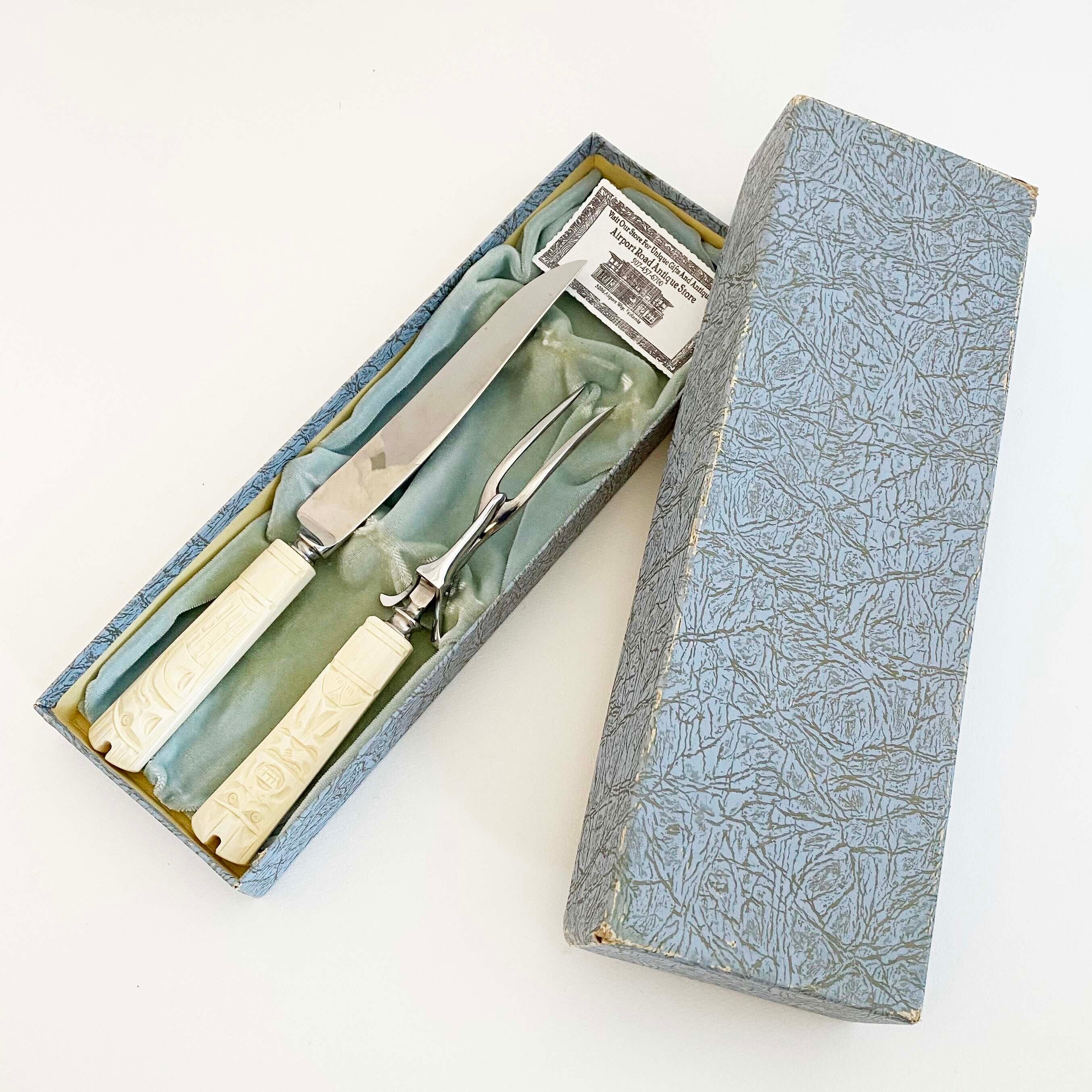 アラスカ先住民の彫刻民芸ナイフフォークセット(未使用デッドストック箱付き)