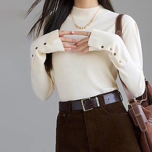 ハイネック 長袖 ニット トップス レディース 春秋冬 韓国 きれいめ シンプル 大人 カジュアル 袖ボタン レトロ 無地 インナー ストレッチ 大人可愛い 大人女子